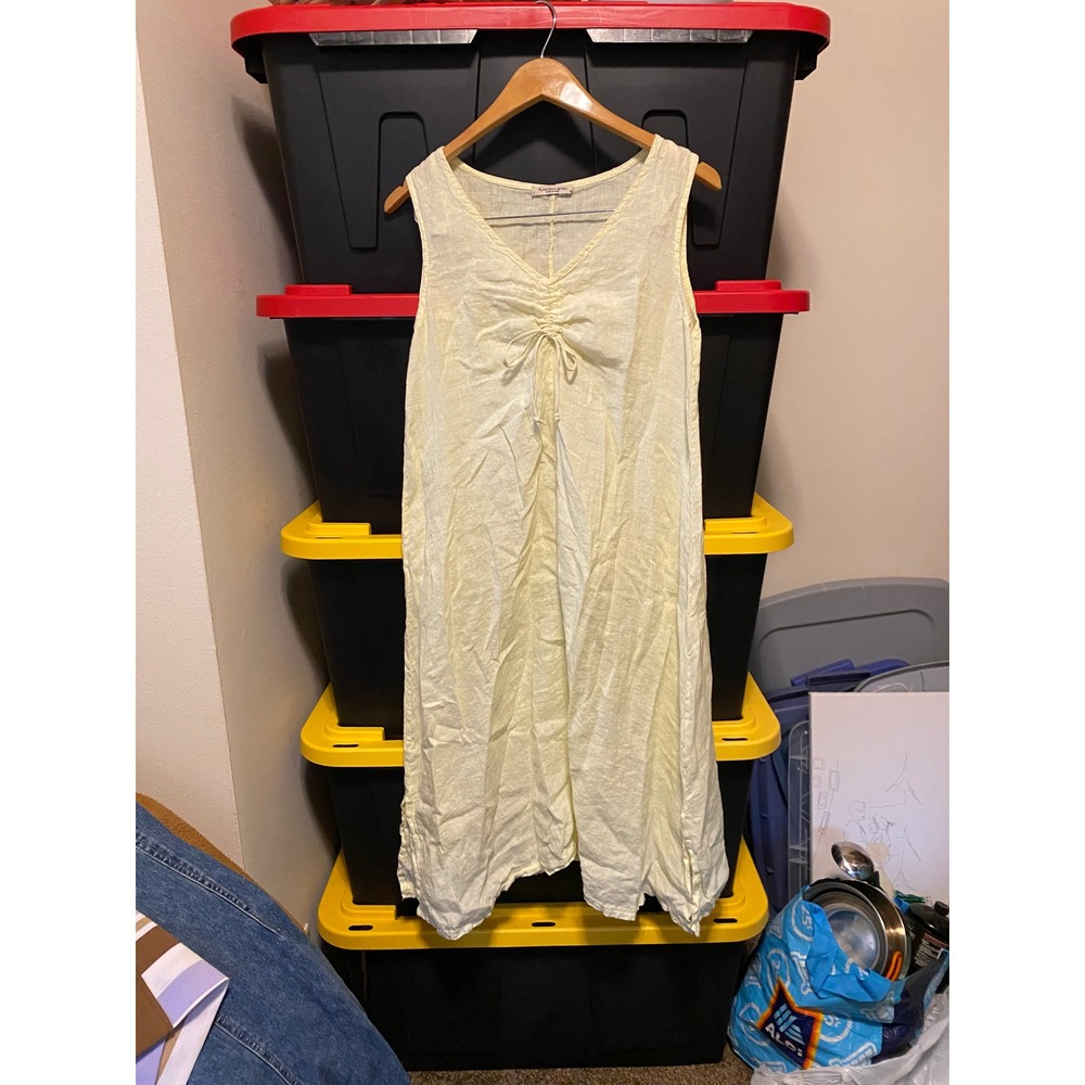 Linen Midi Dress Drawstring Bust S Butter Yellow Italy Quiet Luxury Minimalist - Picture 2 of 6